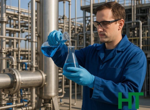 chemical-engineering-industrial-training-HT-logo تصویر آموزشی موضوع پایان نامه مهندسی شیمی شامل تجهیزات صنعتی و لوگوی HT در گوشه تصویر