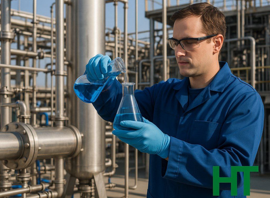 تصویر آموزشی موضوع پایان نامه مهندسی شیمی شامل تجهیزات صنعتی و لوگوی HT در گوشه تصویر